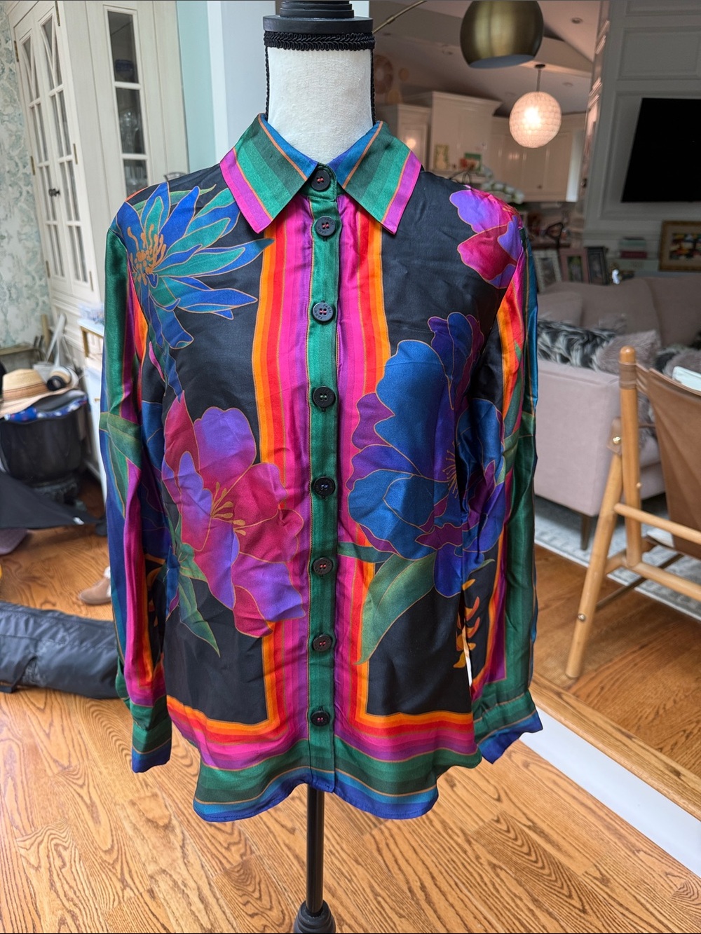Farm Rio New Floral Stripe Button-Up Shirt - Multicolor Small